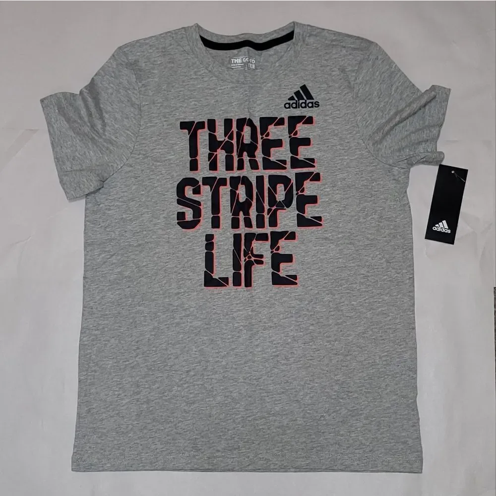 NWT Adidas Kids Grey 'Three Stripe Life' The Go To SS T-Shirt Size M 8-10